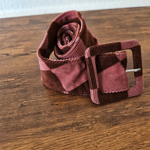 Vintage 90s Y2K Pink Brown Corduroy Check Checkerboard Fabric Waist Belt S/M - Picture 3 of 6